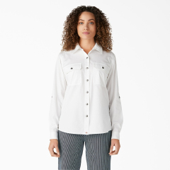 Dickies Womens White Herringbone Roll Tab Long Sleeve Shirt